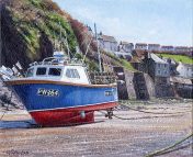 OE3 Port Isaac Large Boat - a detailed print of a Cornish harbour and fishing boat by artist Nicholas Smith