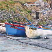 OE35 Cape Slip - a detailed print of fishing boat hauled up the slipway at Cape Cornwall by artist Nicholas Smith