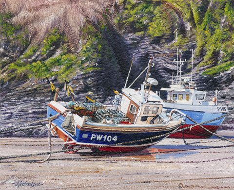OE33 Port Isaac - a detailed print of a Cornish fishing boats by artist Nicholas Smith