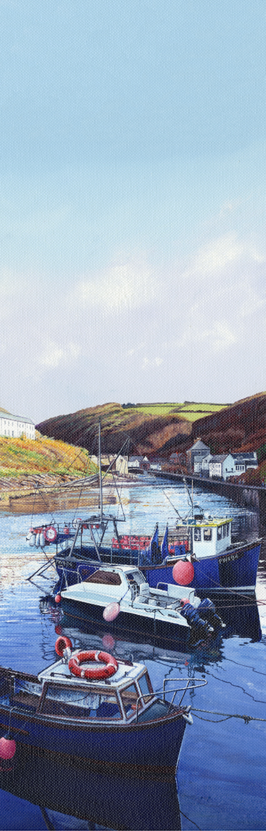 LE847 Boscastle Boats II - a detailed slimline print of a Cornish harbour by artist Nicholas Smith