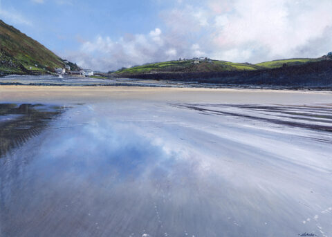 LE858 Crackington from the Sea - a detailed print of a part of the north Cornish coast by artist Nicholas Smith
