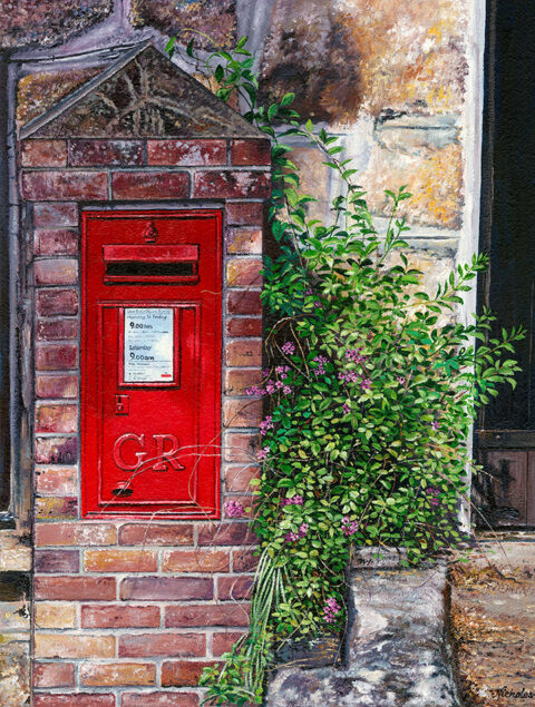 LE864 The Village Post Box - a detailed print of a post box in a village wall by artist Nicholas Smith