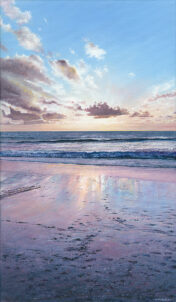 LE866 Indigo Sands - a detailed, A3 print of a beach with the sunset reflected off of the sand by artist Nicholas Smith