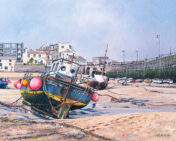 OE47 St Ives Harbour - a detailed print by artist Nicholas Smith showing fishing boats pulled up in the harbour at St Ives